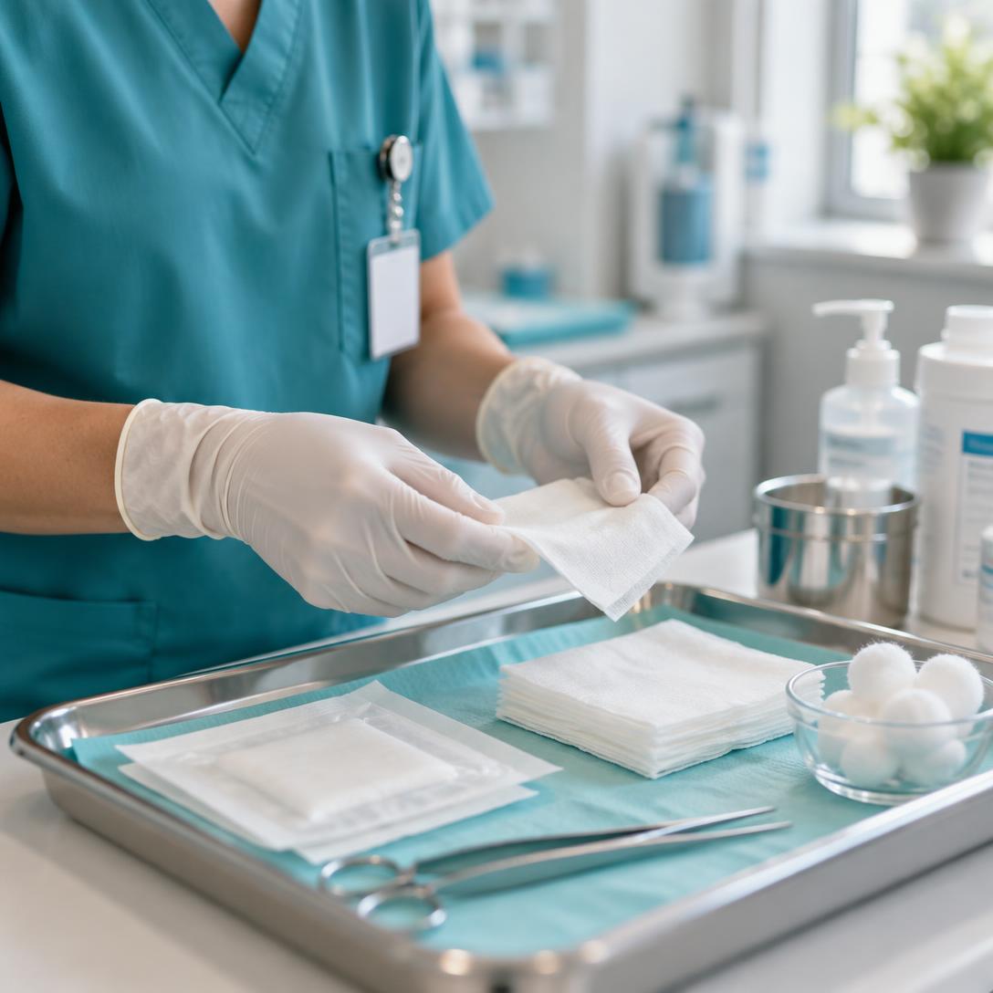 Enfermeira preparando materiais para curativo na clínica CuraMais